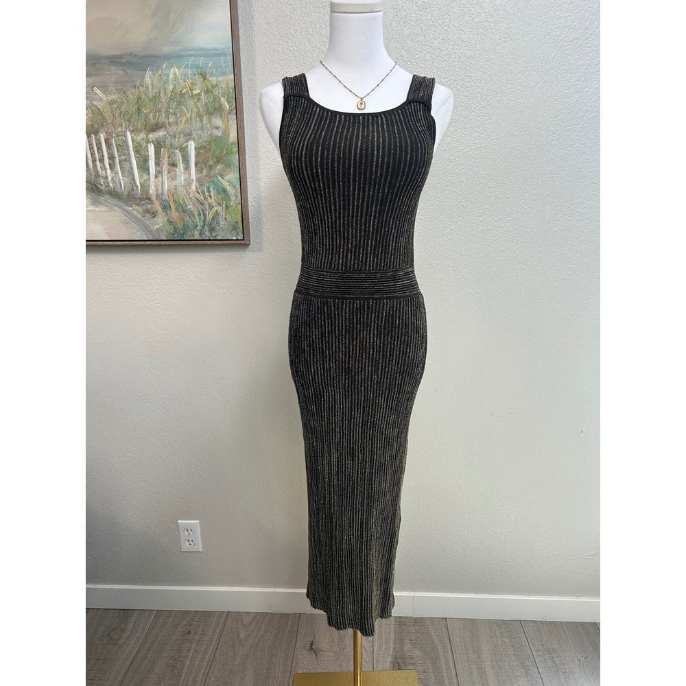 Eva Mendes New York & Company Black Gold Metallic Ribbed Knit Maxi Dress M